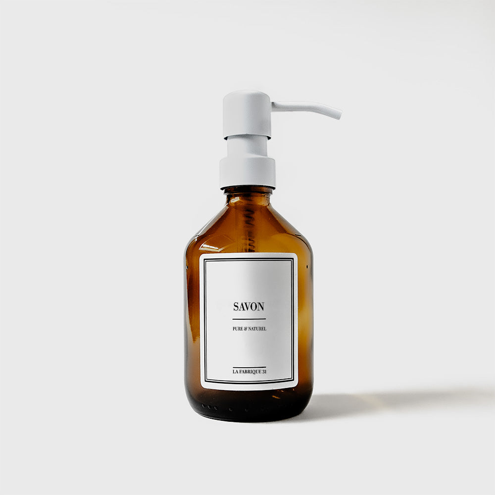 distributeur de savon flacon apothicaire ambre pompe blanc 300 ml