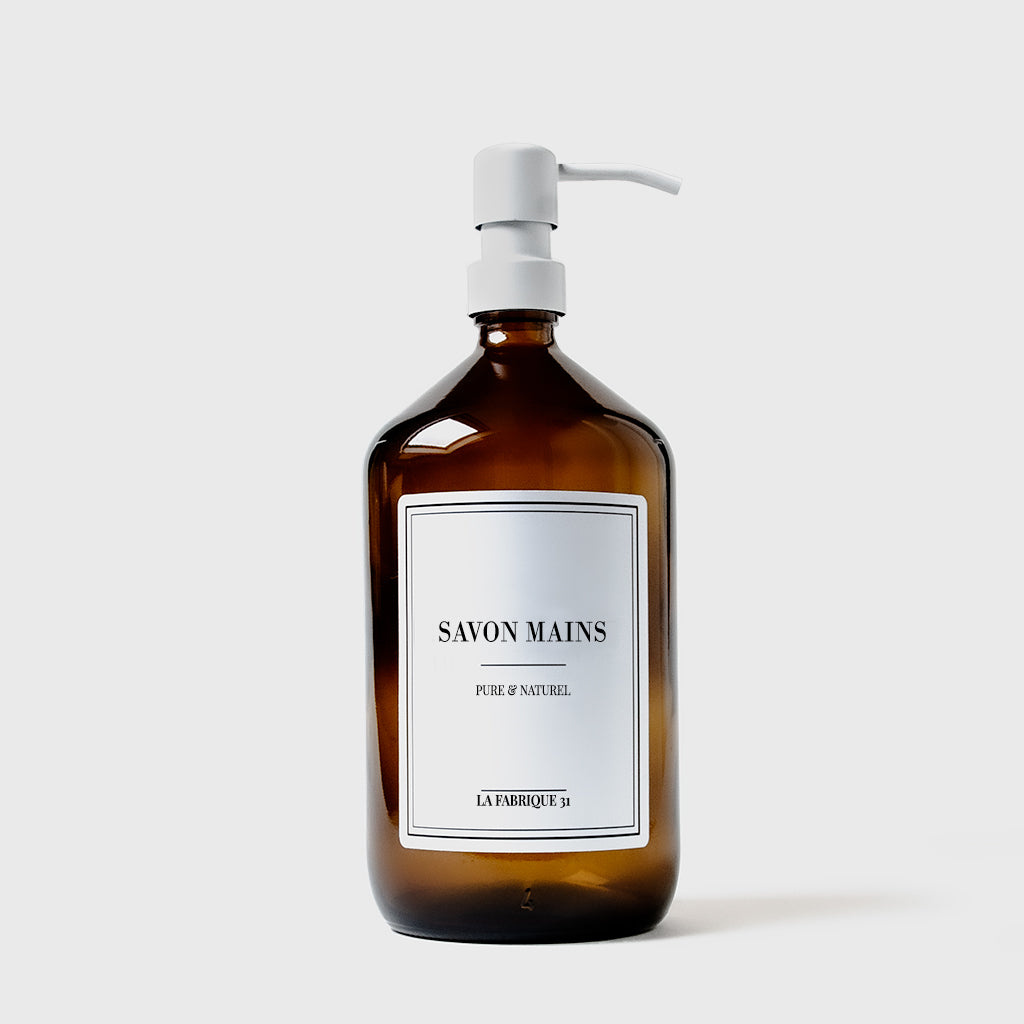 distributeur de savon mains flacon apothicaire ambre pompe blanc 1000 ml