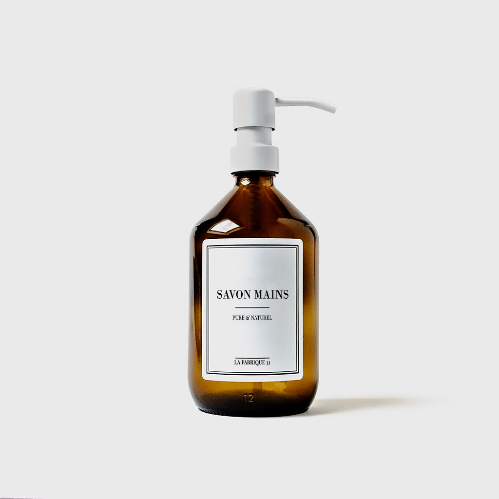 distributeur de savon mains flacon apothicaire ambre pompe blanc 500 ml