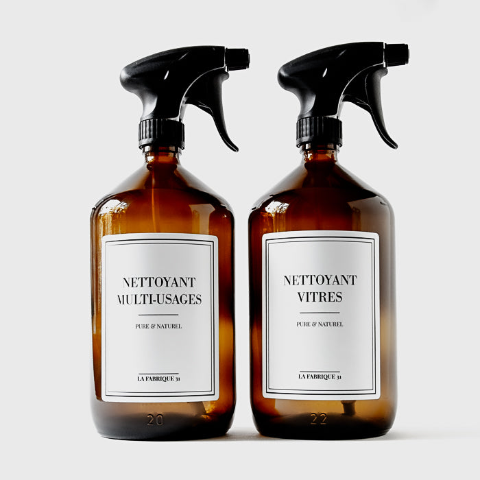 duo pschitt spray pulvérisateur nettoyant multi-surface et nettoyant vitre en verre ambré d'apothicaire