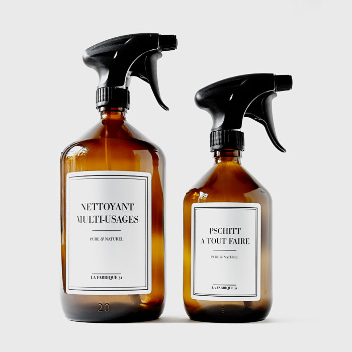 duo pschitt spray pulvérisateur nettoyant multi-surface et nettoyant vitre en verre ambré d'apothicaire
