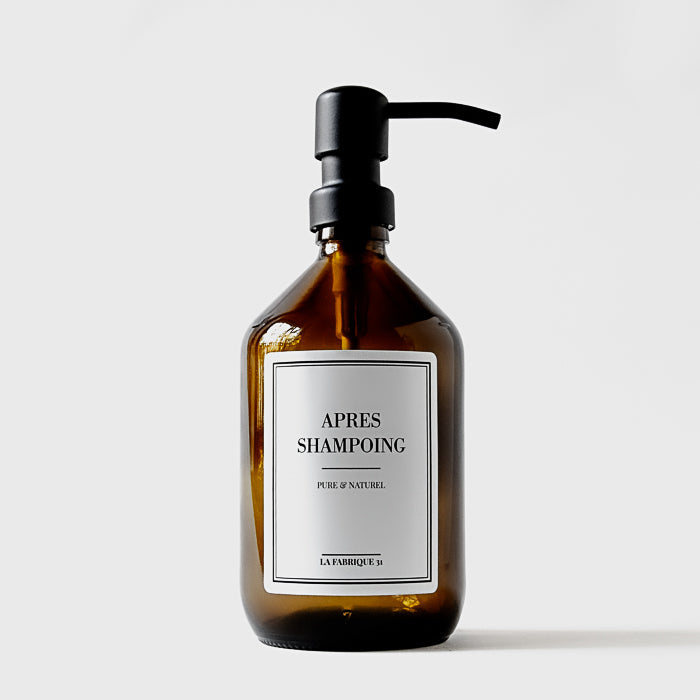 bouteille d'apothicaire en verre ambré rechargeable après-shampoing marron