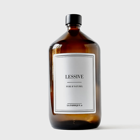 bouteille lessive liquide en verre ambré vide avec étiquette neutre